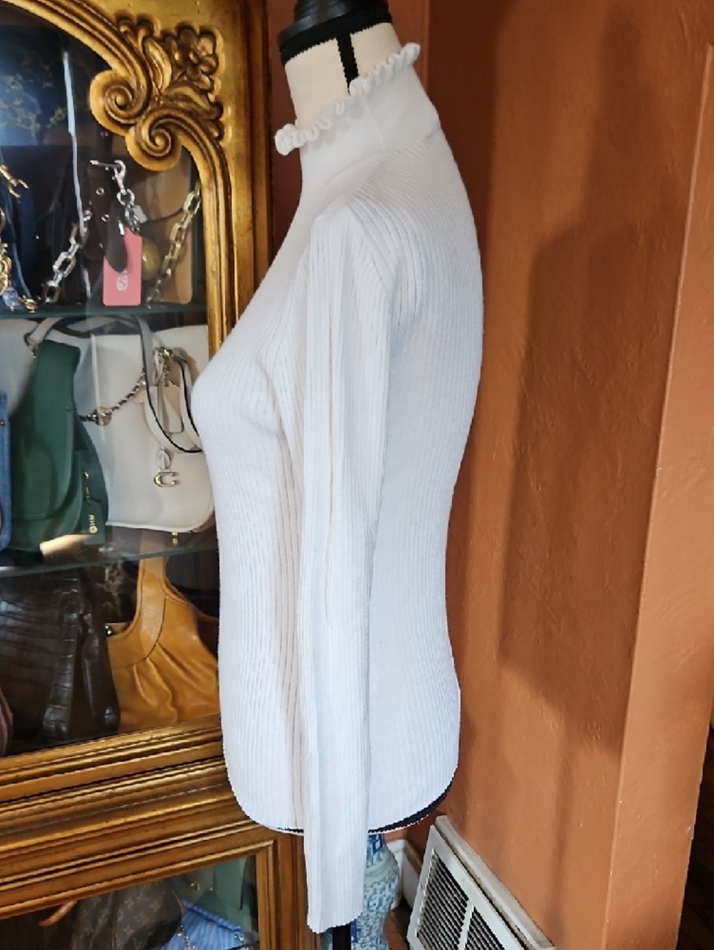 Frame Denim Cream Ribbed Ruffle Mock Neck Sweater - Picture 10 of 13